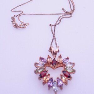 Vintage Sterling Vermeil Heart Pendant Necklace with Several Marquise Gemstones
